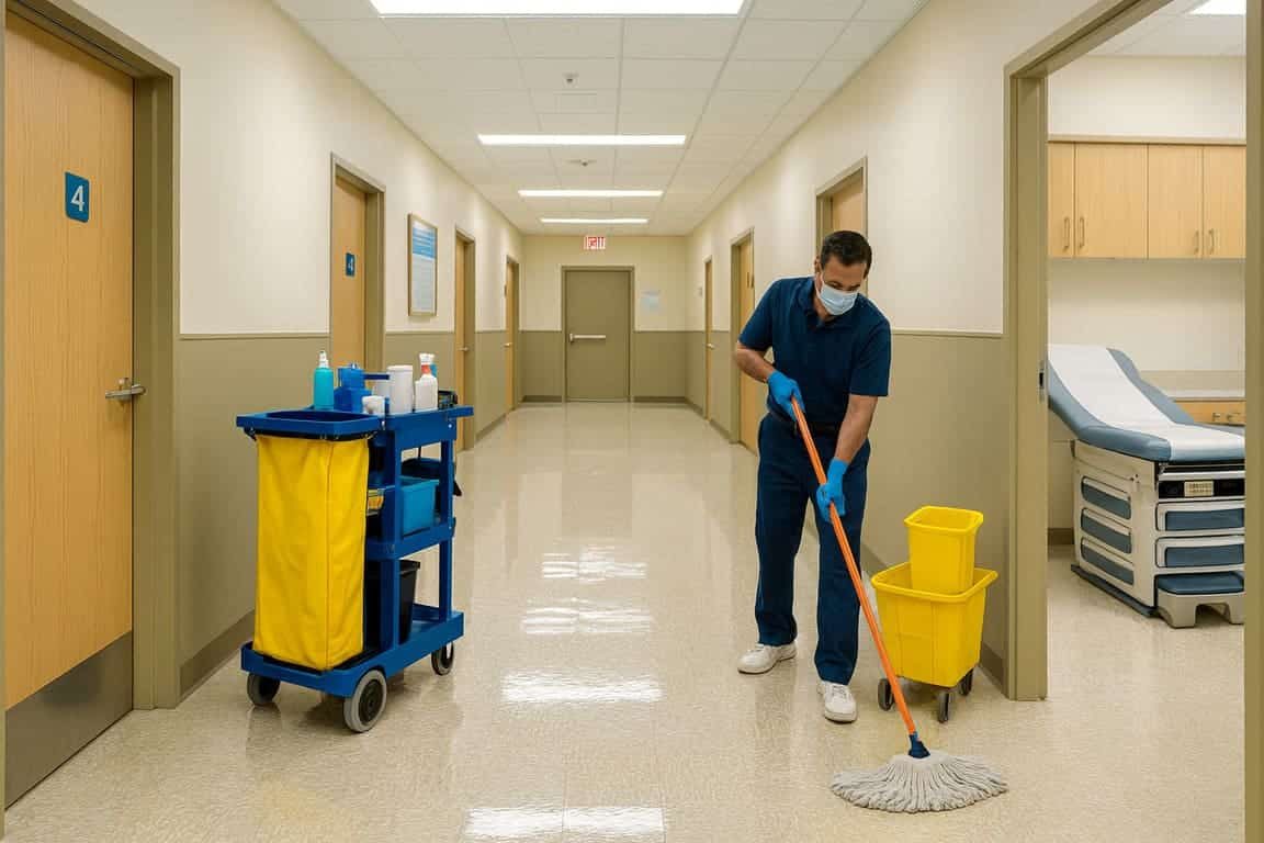 Medical exam room cleaned and sanitized in a Columbus healthcare facility